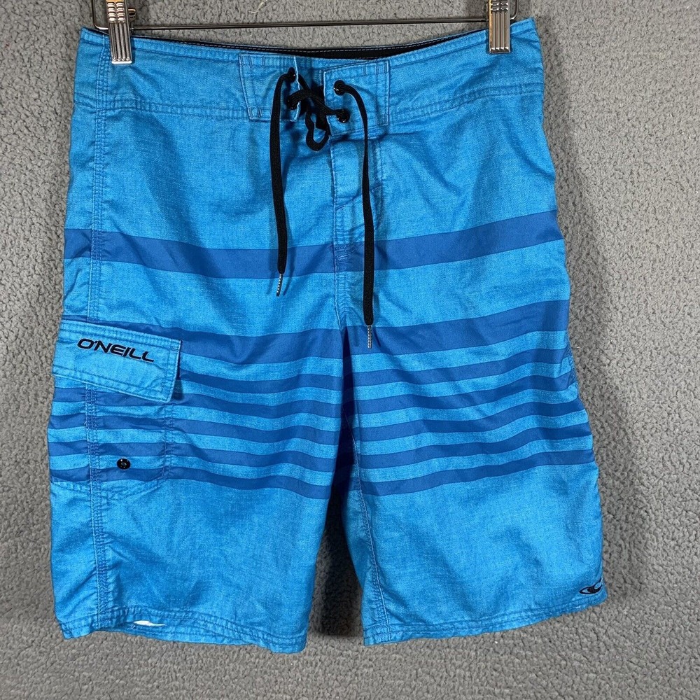 O'Neill Swim Trunks Board Shorts Bathing Suit Mens 28 Blue Striped Surf‎ Pocket